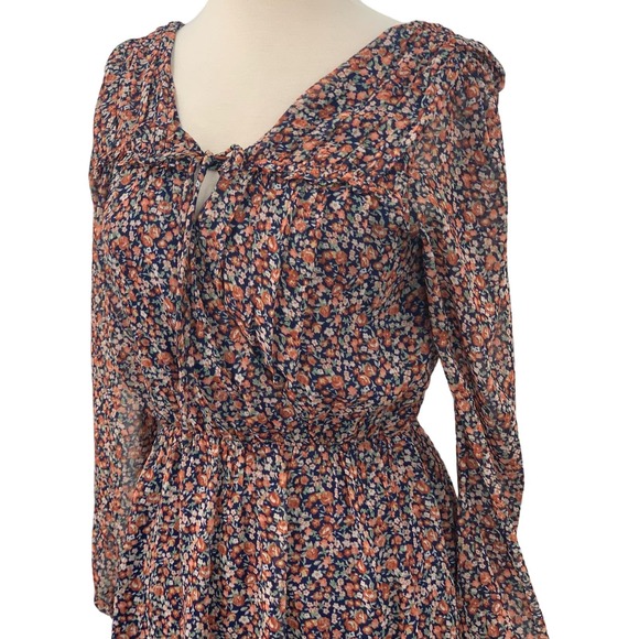 Doe‎ & Rae Long Sleeve Navy Multi Floral Chiffon Lined Mini Dress Size S - Picture 8 of 9